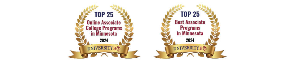 Two award badges — one says "Top 25 online associate college programs in Minnesota" and one says "Top 25 associate programs in Minnesota". Each is surrounded by gold leaves with a banner at the bottom that reads "University HQ"