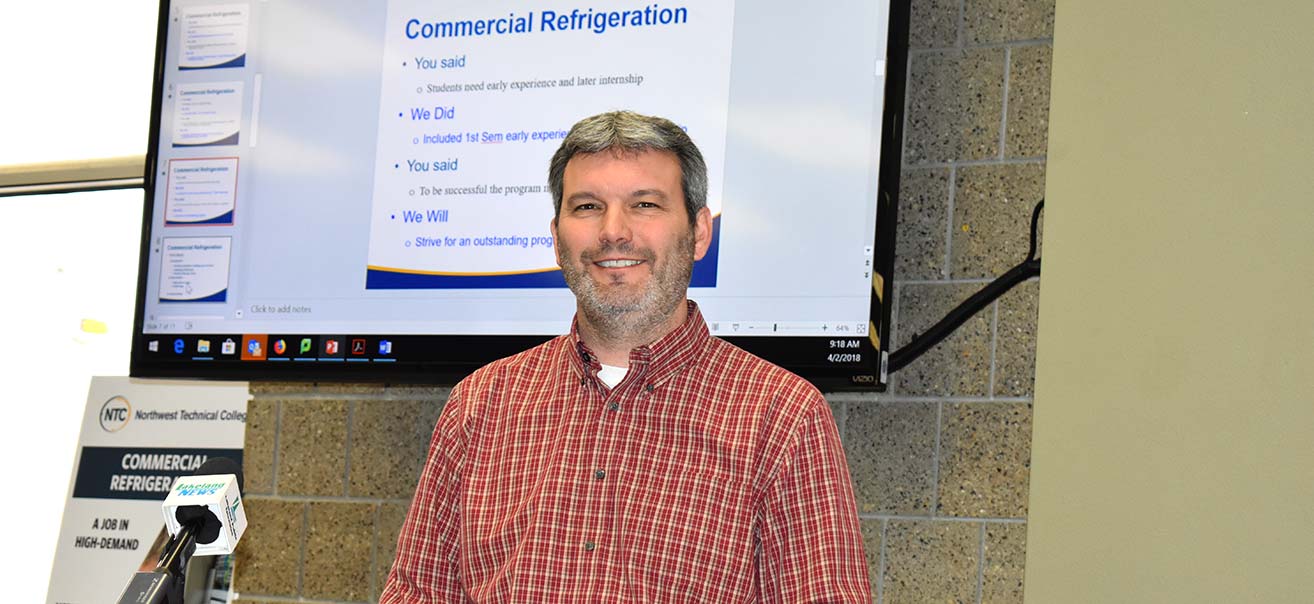 Darrin Strosahl, vice presiden for academic affairs at Northwest Technical College, announcing the launch of NTC's Commercial Refrigeration/HVAC program on April 2, 2018.