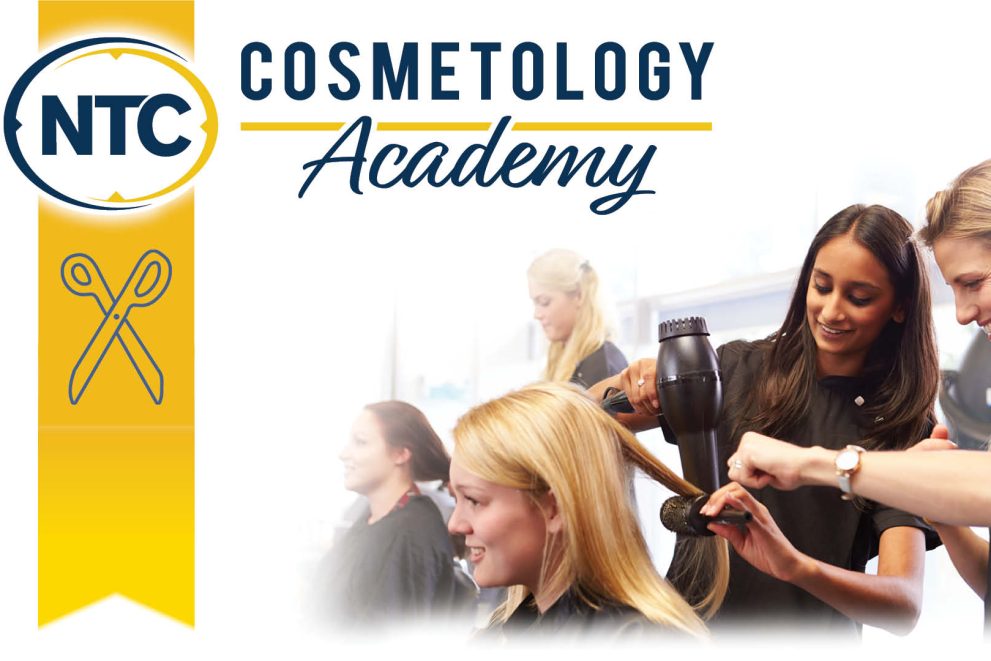 A stock image featuring the NTC Cosmetology Academy logo and a photo of a blonde woman having her hair done in a salon
